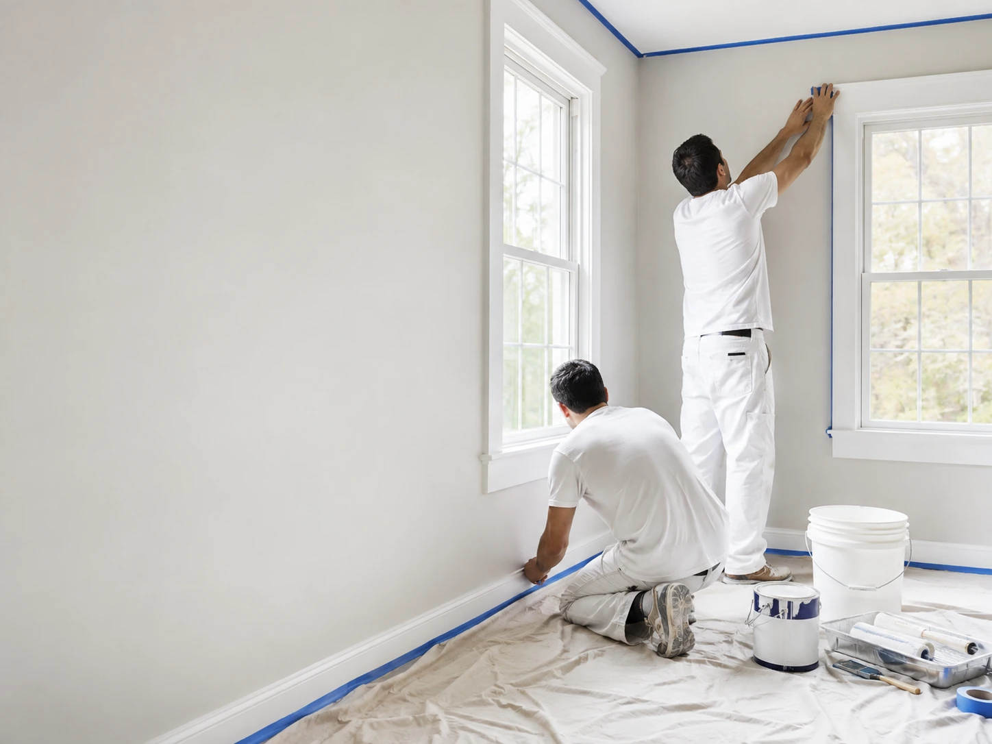 Two professional painters carefully preparing a bright room for painting