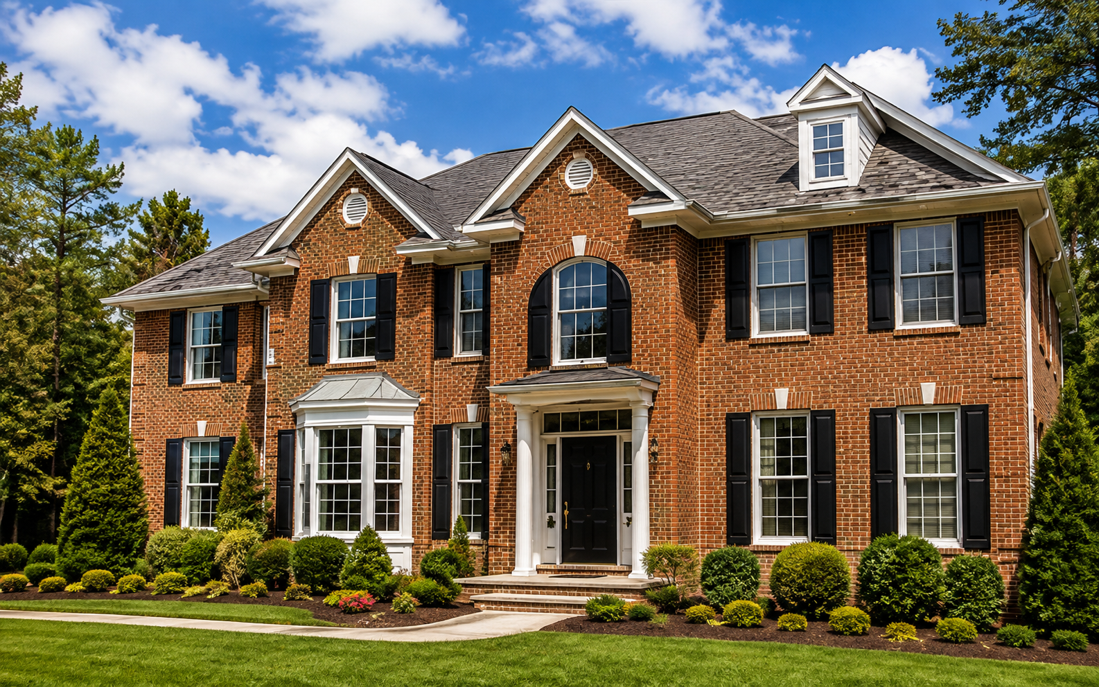 Exterior inspiration showing a brick home with crisp, light-colored trim