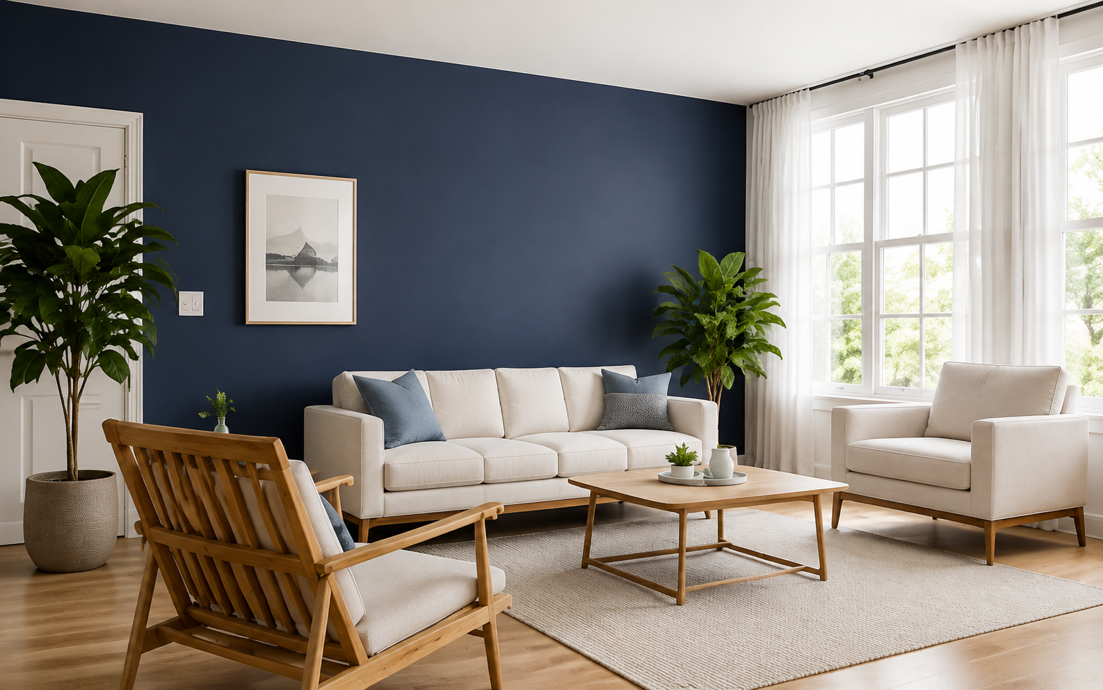 Living room inspiration with a deep blue accent wall and warm natural furniture