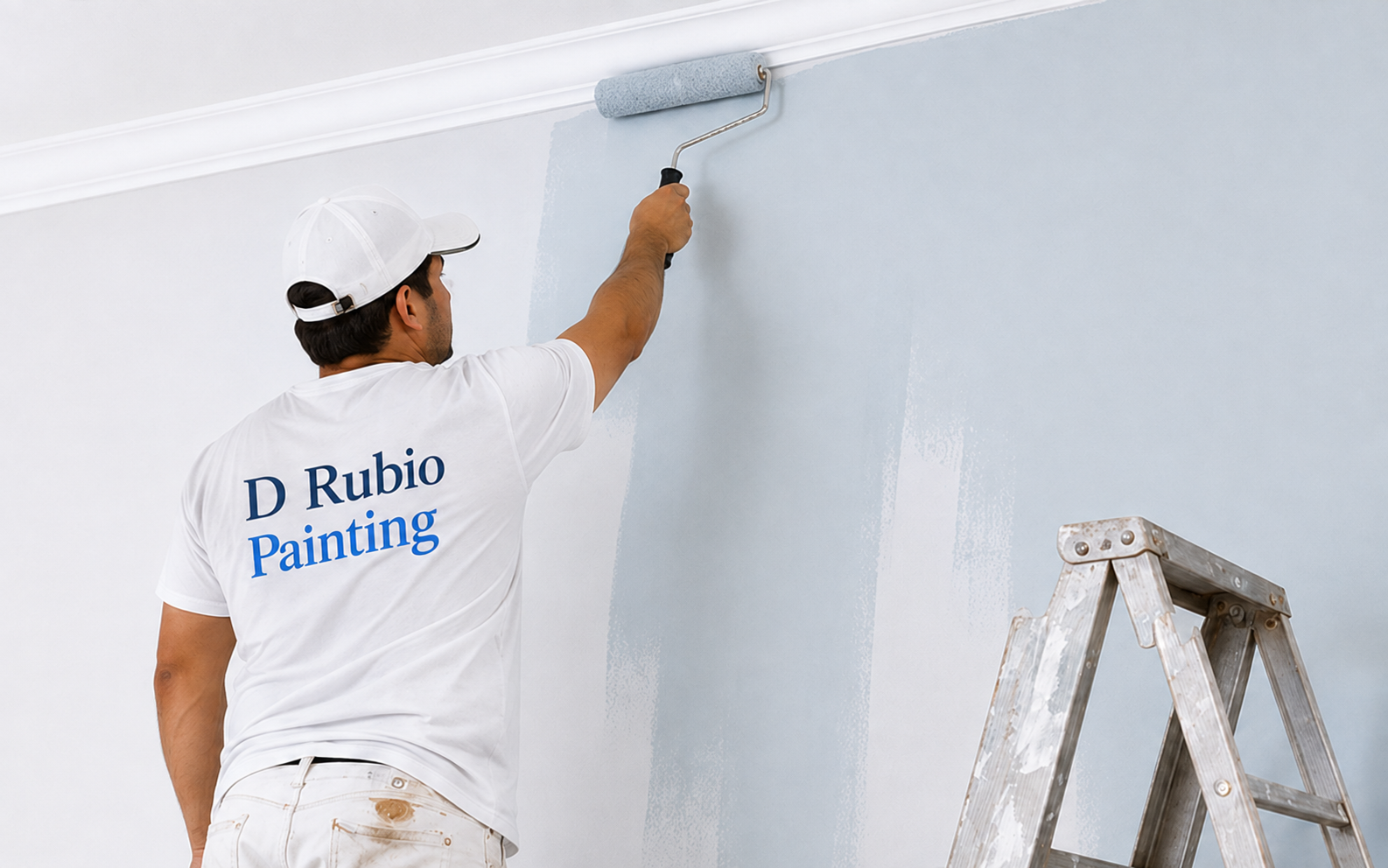 A painter wearing a D Rubio Painting shirt carefully rolling a light blue interior wall