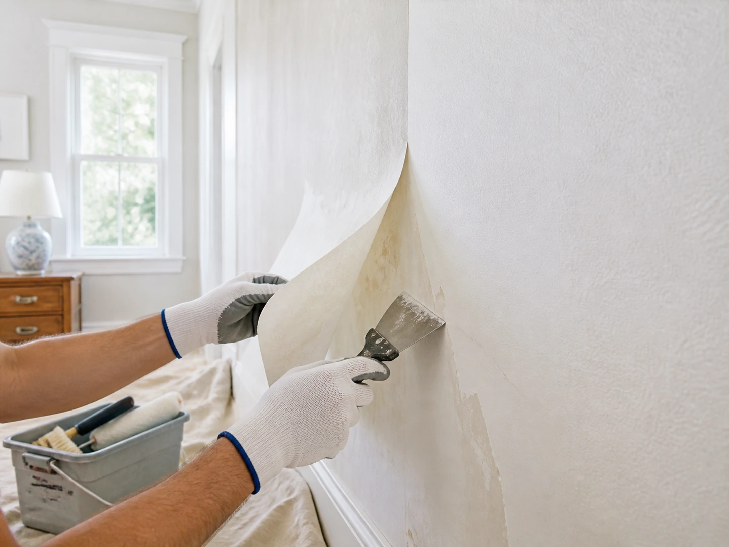 Wallpaper being removed while an interior wall is prepared for painting