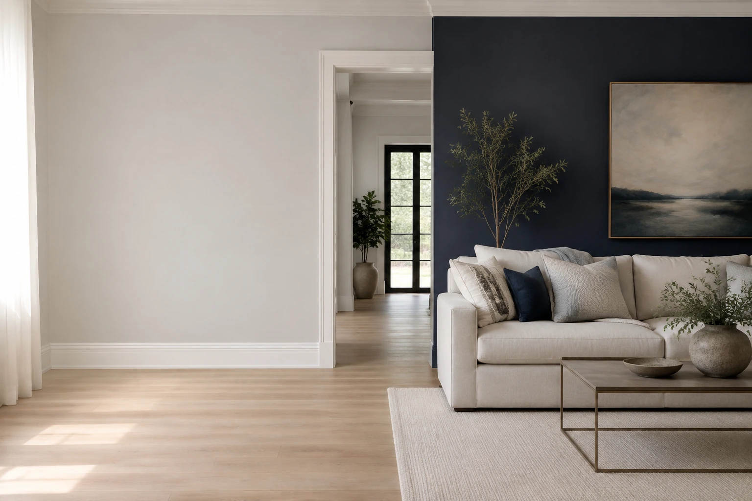 Finished living room with a deep navy accent wall and crisp white trim